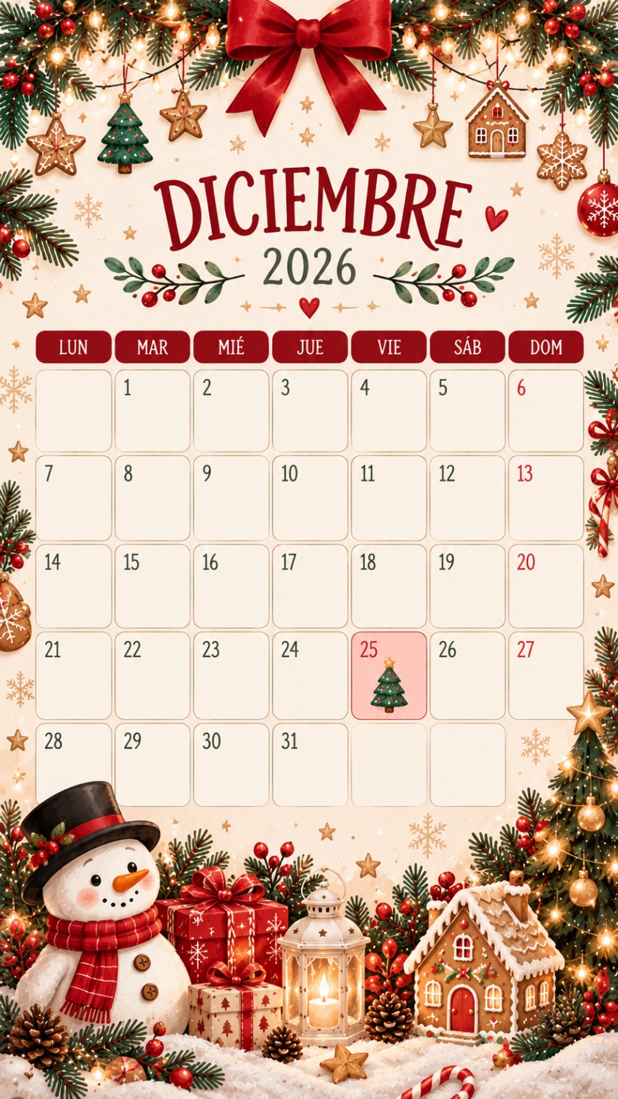 Calendario navideño de diciembre de 2026