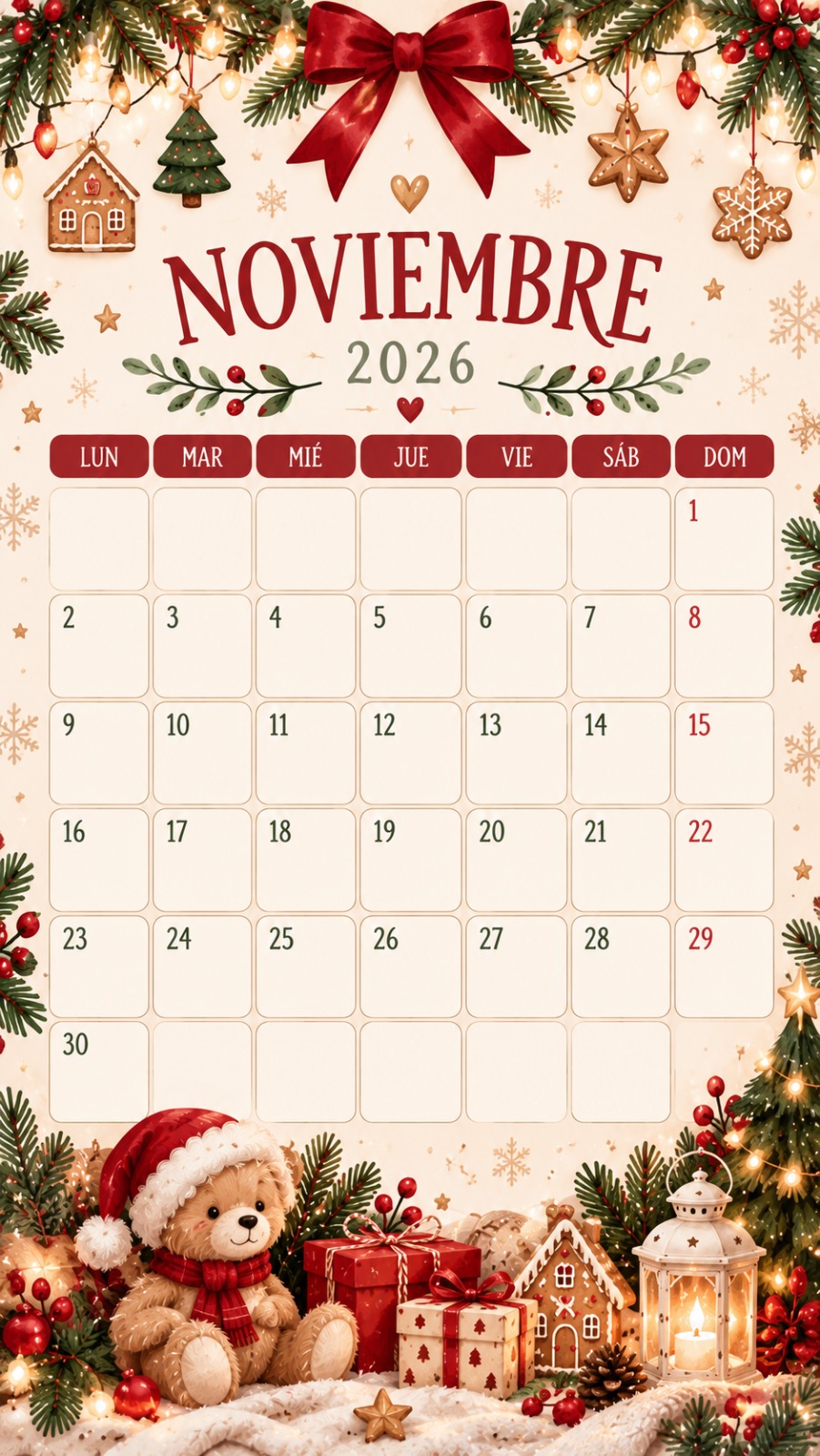 Calendario navideño de noviembre de 2026